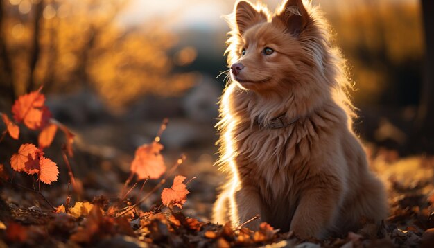 Cute puppy sitting in autumn forest enjoying the sunlight generated by artificial intelligence