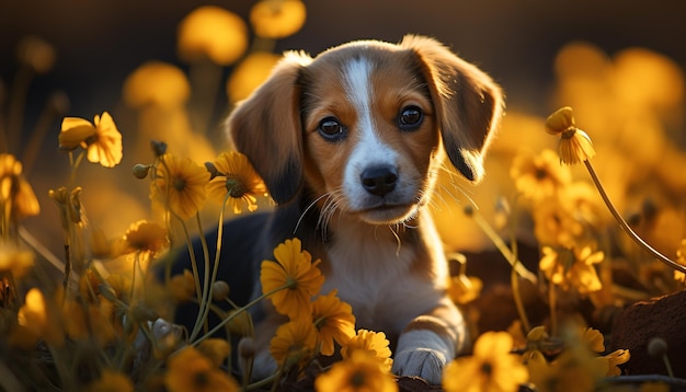 Cute puppy sitting in grass enjoying nature beauty generated by artificial intelligence