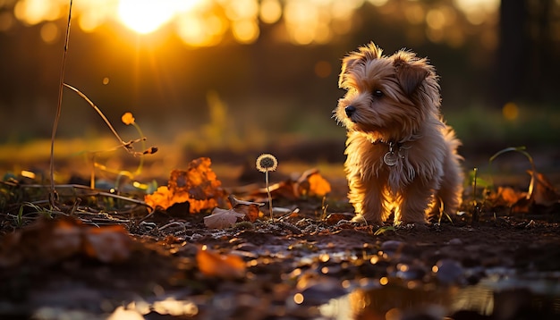 草の中に座ってカメラを見ている可愛い子犬が人工知能によって生成された自然を楽しんでいます