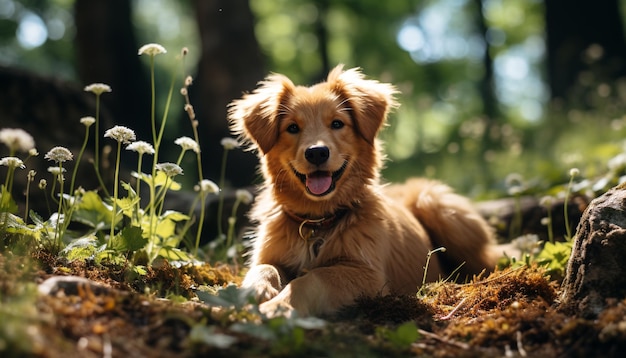 草の中に座って人工知能によって生成されたカメラを見ているかわいい子犬