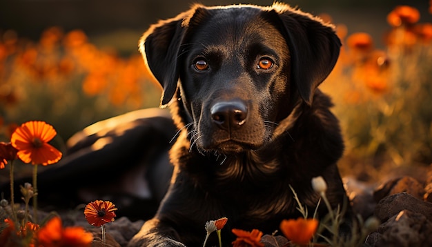 Cute puppy sitting in grass looking at camera outdoors generated by artificial intelligence