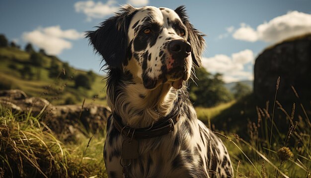 Cute puppy sitting in grass looking at camera outdoors generated by artificial intelligence