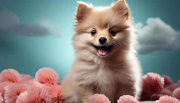 Cute puppy sitting on grass looking at camera playful generated by artificial intelligence
