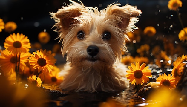 Cute puppy sitting in grass looking at camera with flower generated by artificial intellingence