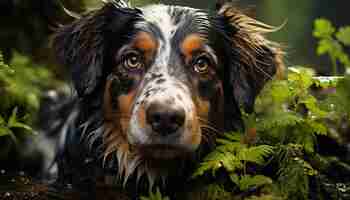 Free photo cute puppy sitting in grass looking at camera with loyalty generated by artificial intelligence