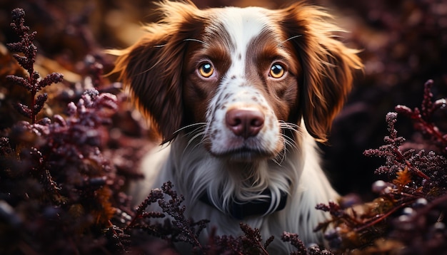 人工知能によって生成された忠誠心でカメラを見つめて草の上に座っているかわいい子犬