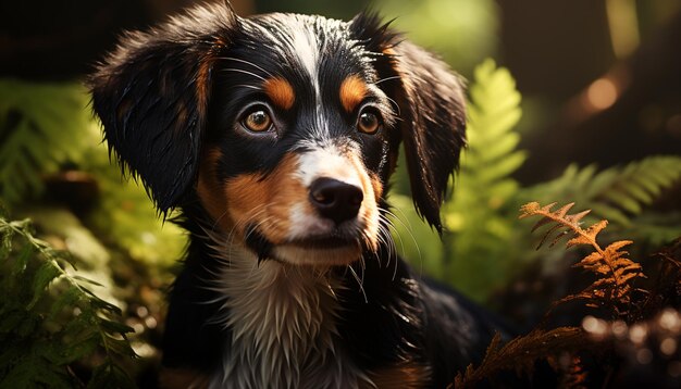 인공 지능에 의해 생성된 장난스러운 눈으로 카메라를 바라보며 풀밭에 앉아 있는 귀여운 강아지