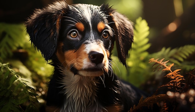 Cute puppy sitting in grass looking at camera with playful eyes generated by artificial intellingence