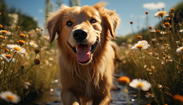 Cute puppy sitting in grass looking at daisy generated by artificial intelligence