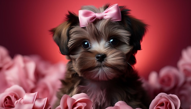 무료 사진 인공 지능 에 의해 생성 된 분홍색 머리 활 을 가지고 카메라 를 보고 앉아 있는 귀여운 강아지