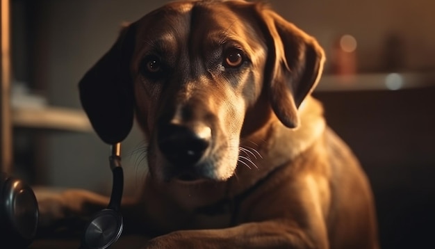 Foto gratuita cucciolo carino seduto guardando la fotocamera al chiuso generato dall'intelligenza artificiale