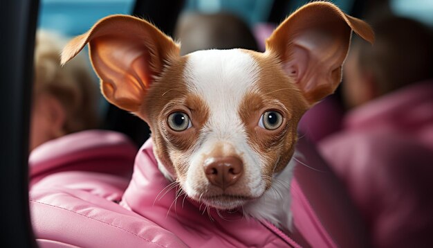 Cute puppy sitting looking at camera playful with child generated by artificial intelligence