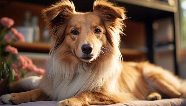 Free photo cute puppy sitting looking at camera purebred dog indoors generated by artificial intelligence