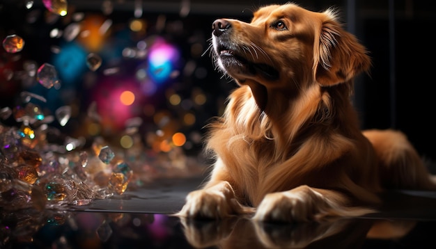 Cute puppy sitting looking celebrating Christmas with golden retriever generated by artificial intelligence