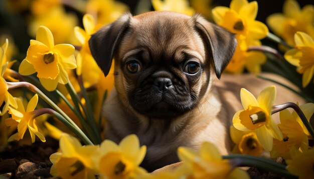 Cute puppy sitting looking at flower nature beauty generated by artificial intelligence