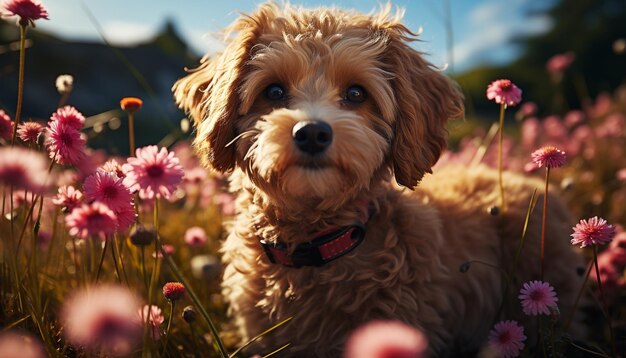 Cute puppy sitting in meadow looking at daisy generated by artificial intelligence