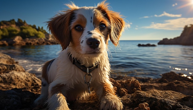 무료 사진 인공 지능이 생성한 젖은 카메라를 바라보며 모래 위에 앉아 있는 귀여운 강아지