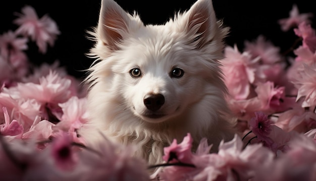 無料写真 人工知能によって生成された花に囲まれてカメラを見ながら屋外に座っているかわいい子犬