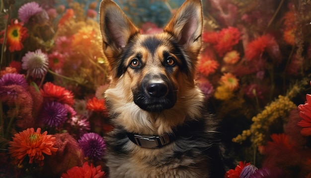 인공 지능이 생성한 꽃에 둘러싸여 야외에 앉아 카메라를 바라보는 귀여운 강아지