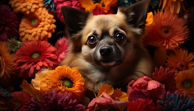 人工知能によって生成された花に囲まれてカメラを見ながら屋外に座っているかわいい子犬