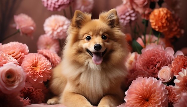 Free photo cute puppy sitting outdoors looking at yellow flower with love generated by artificial intelligence