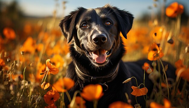 Cute puppy sitting outdoors smiling in autumn meadow generated by artificial intelligence