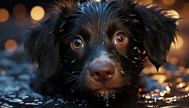 Cute puppy sitting in the rain looking at the camera generated by artificial intellingence