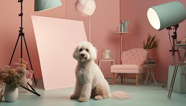 Cute puppy sitting on table looking at vase generated by AI