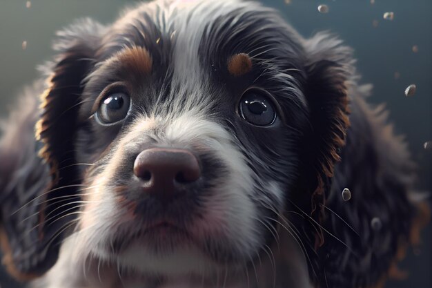 귀여운 순종 강아지가 초상화를 닫습니다. 카메라 생성 AI를 보고 있습니다.