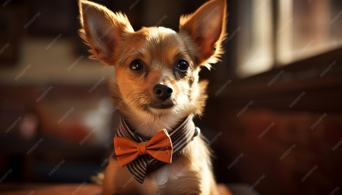 Free Photo | Cute purebred puppy wearing bow tie sitting indoors