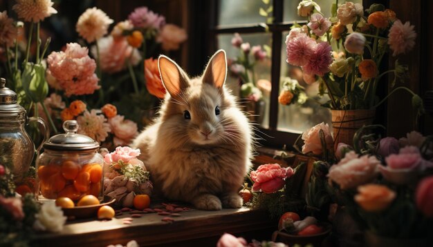 Cute rabbit sits on table surrounded by flowers and gifts generated by artificial intelligence