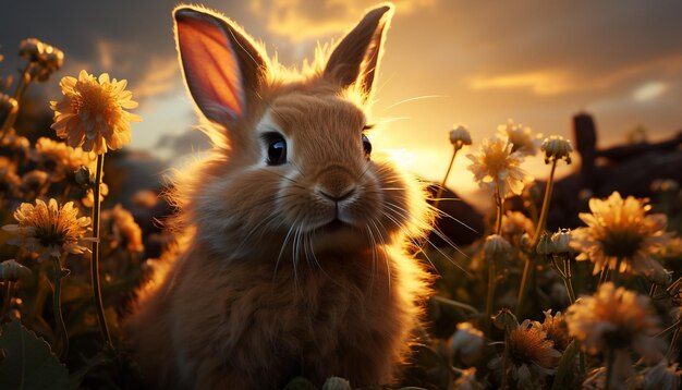 Free photo cute rabbit sitting in meadow looking at sunset generated by artificial intelligence