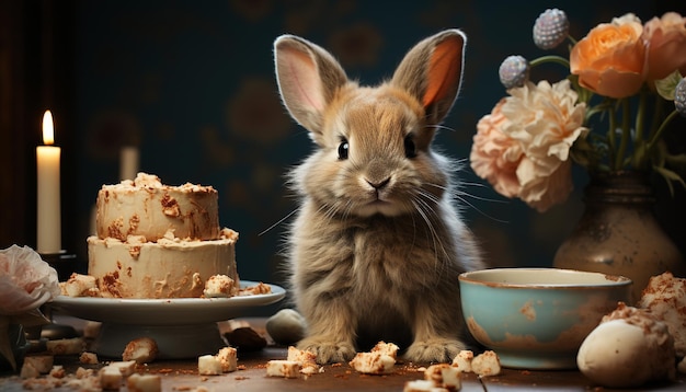 Free photo cute rabbit sitting on wooden table eating chocolate dessert generated by artificial intelligence