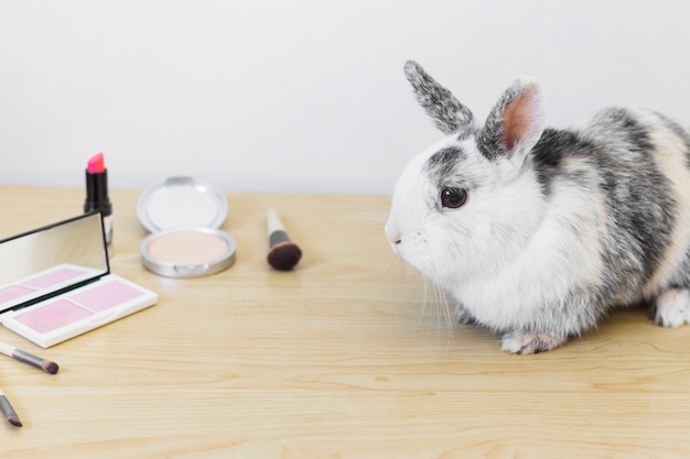 Симпатичный кролик с косметическими продуктами на деревянном столе