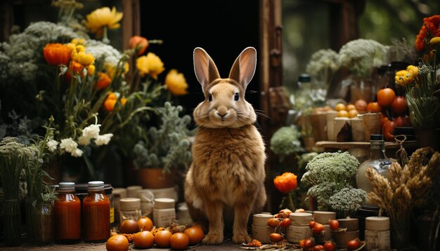 Cute rabbit with pumpkin celebrating Halloween on wooden table generated by artificial intelligence