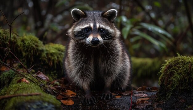 Cute raccoon sitting on tree branch outdoors generated by AI