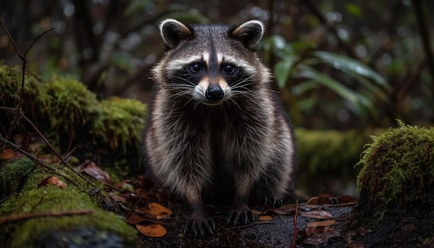Cute raccoon sitting on tree branch outdoors generated by AI