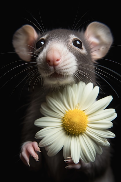 스튜디오에 꽃을 들고 있는 귀여운 쥐