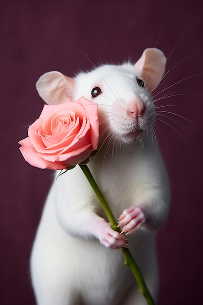 スタジオで花を持つかわいいネズミ