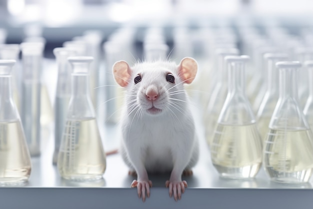 Free photo cute rat in laboratory with glassware