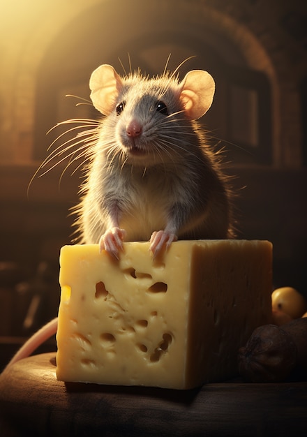 Free photo cute rat with delicious cheese