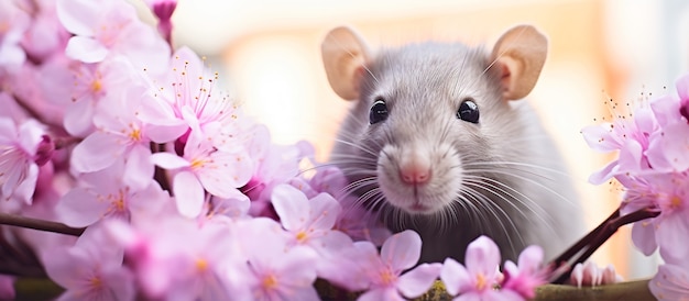 야외에 꽃을 들고 있는 귀여운 쥐