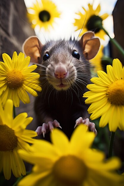 屋外に花を持つかわいいネズミ