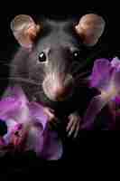 Free photo cute rat with flowers in studio