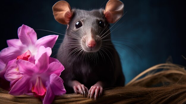 Милая крыса с цветами в студии