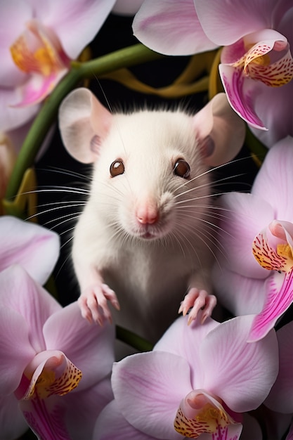 Free photo cute rat with flowers in studio