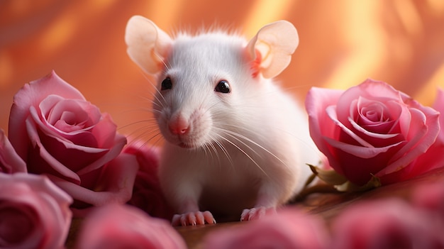Cute rat with flowers in studio