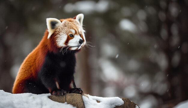 Foto gratuita simpatico panda rosso seduto su un ramo innevato generato dall'intelligenza artificiale