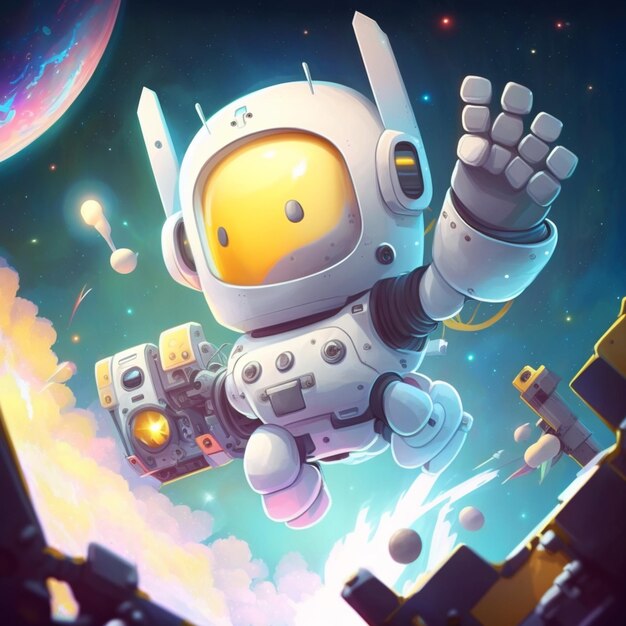 Cute robot flaying in the space illustration design