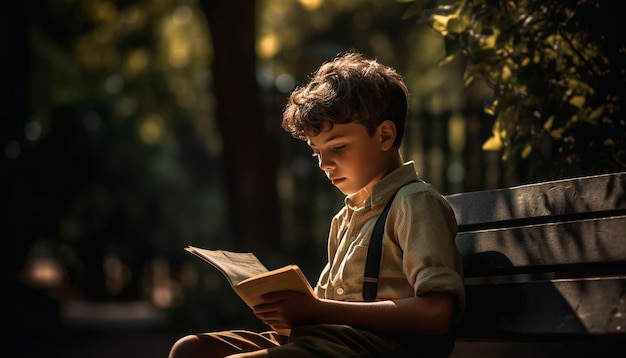 Free photo cute schoolboy reading book in autumn forest solitude generated by ai